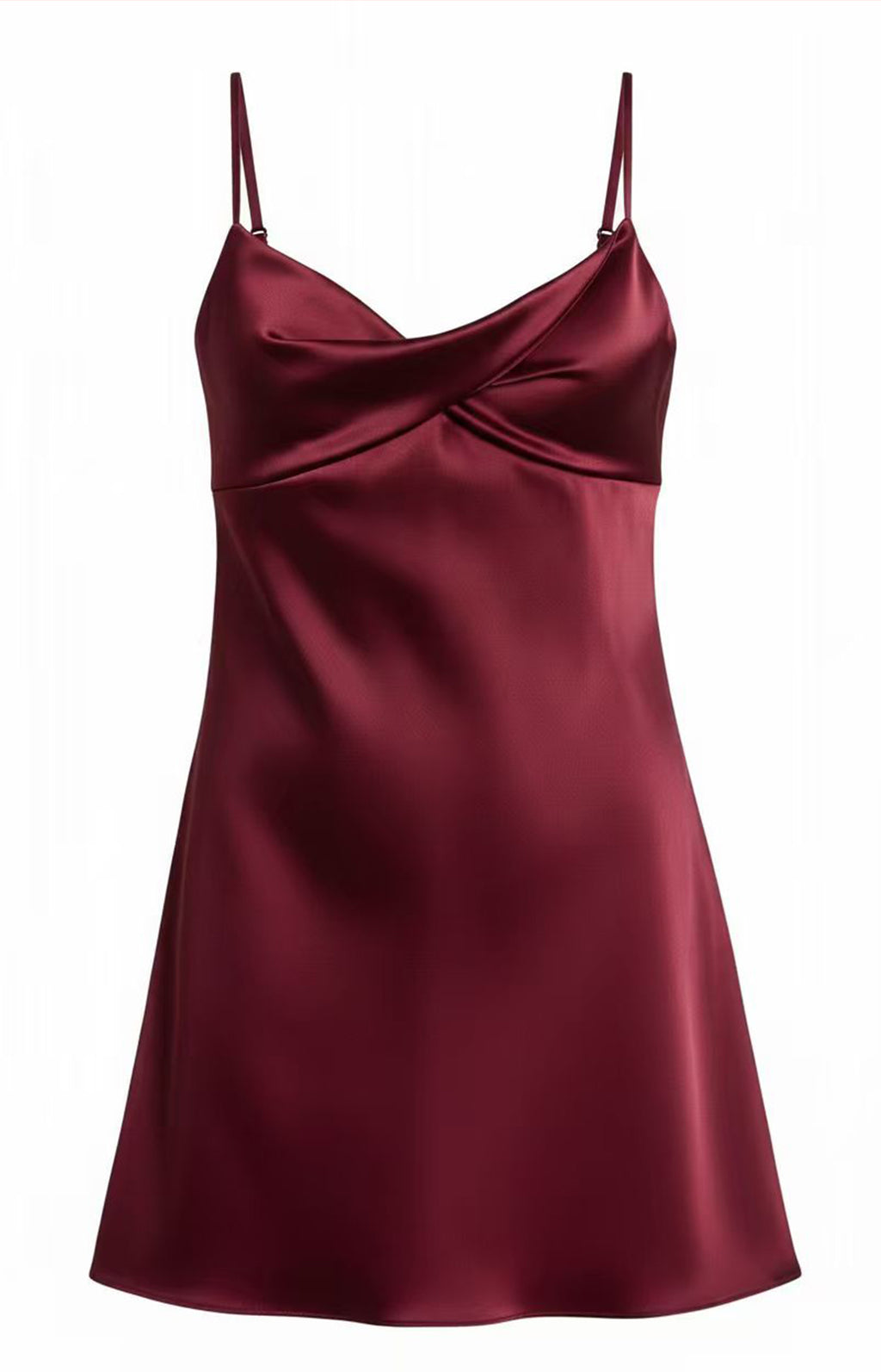 Burgundy satin spaghetti strap mini dress adjustable strap front view 