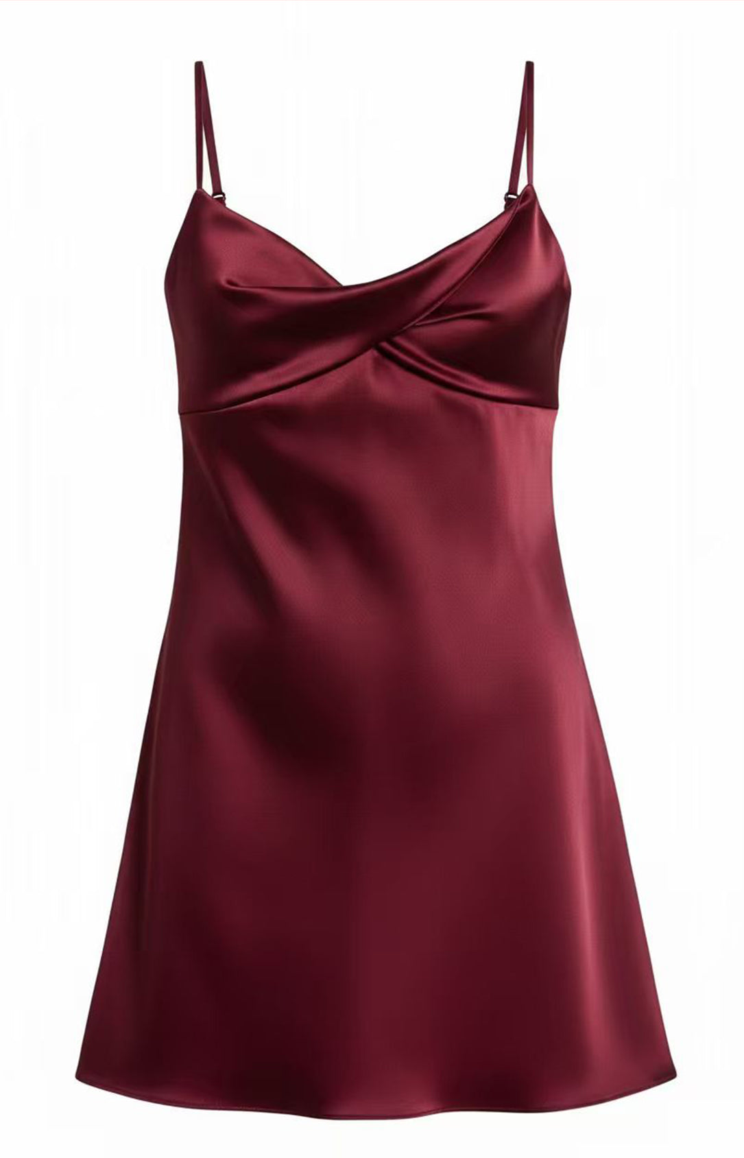 Burgundy satin spaghetti strap mini dress adjustable strap front view 