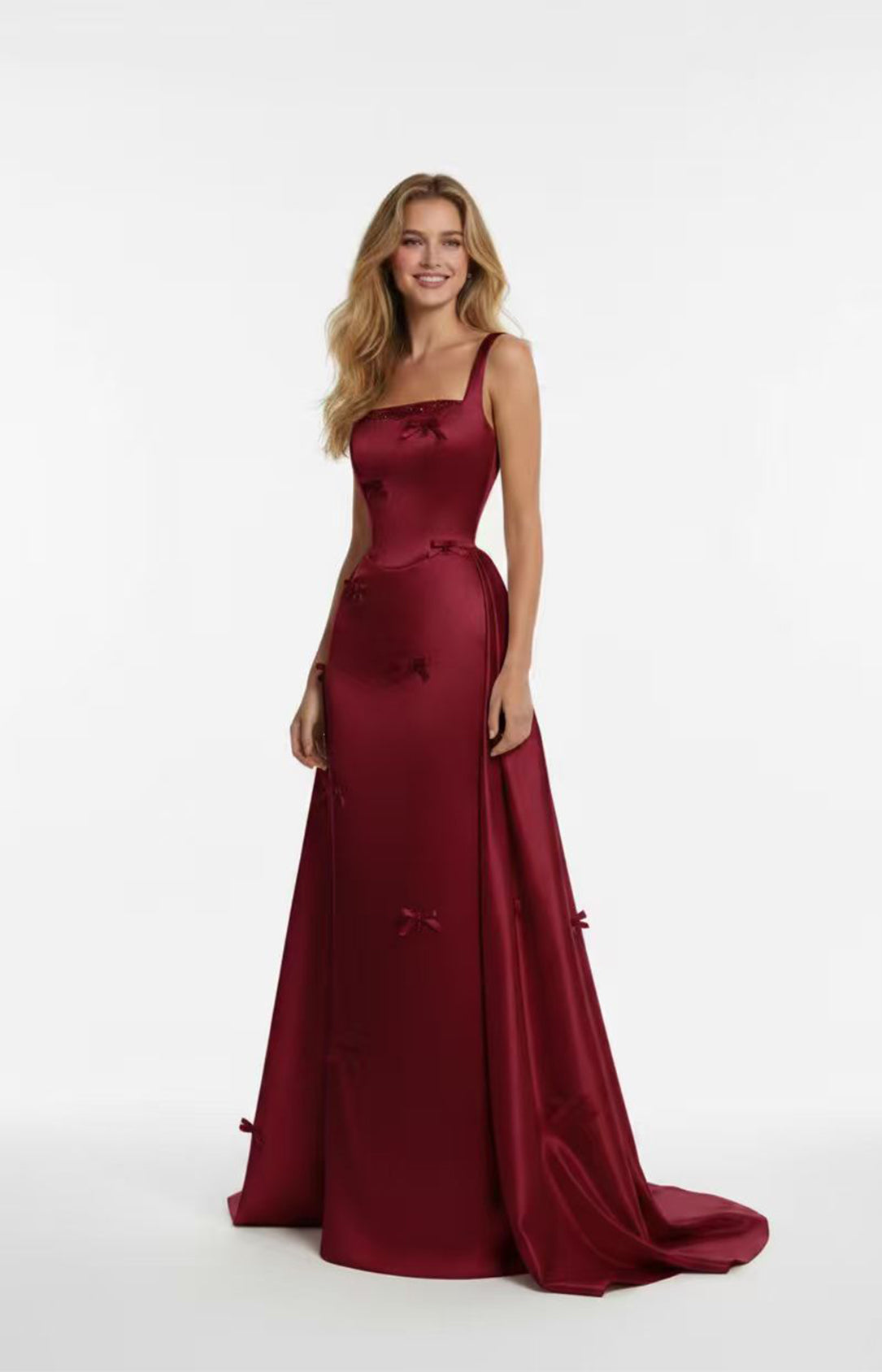 Burgundy satin square-neck long prom dress with 3D bows for plus-size women