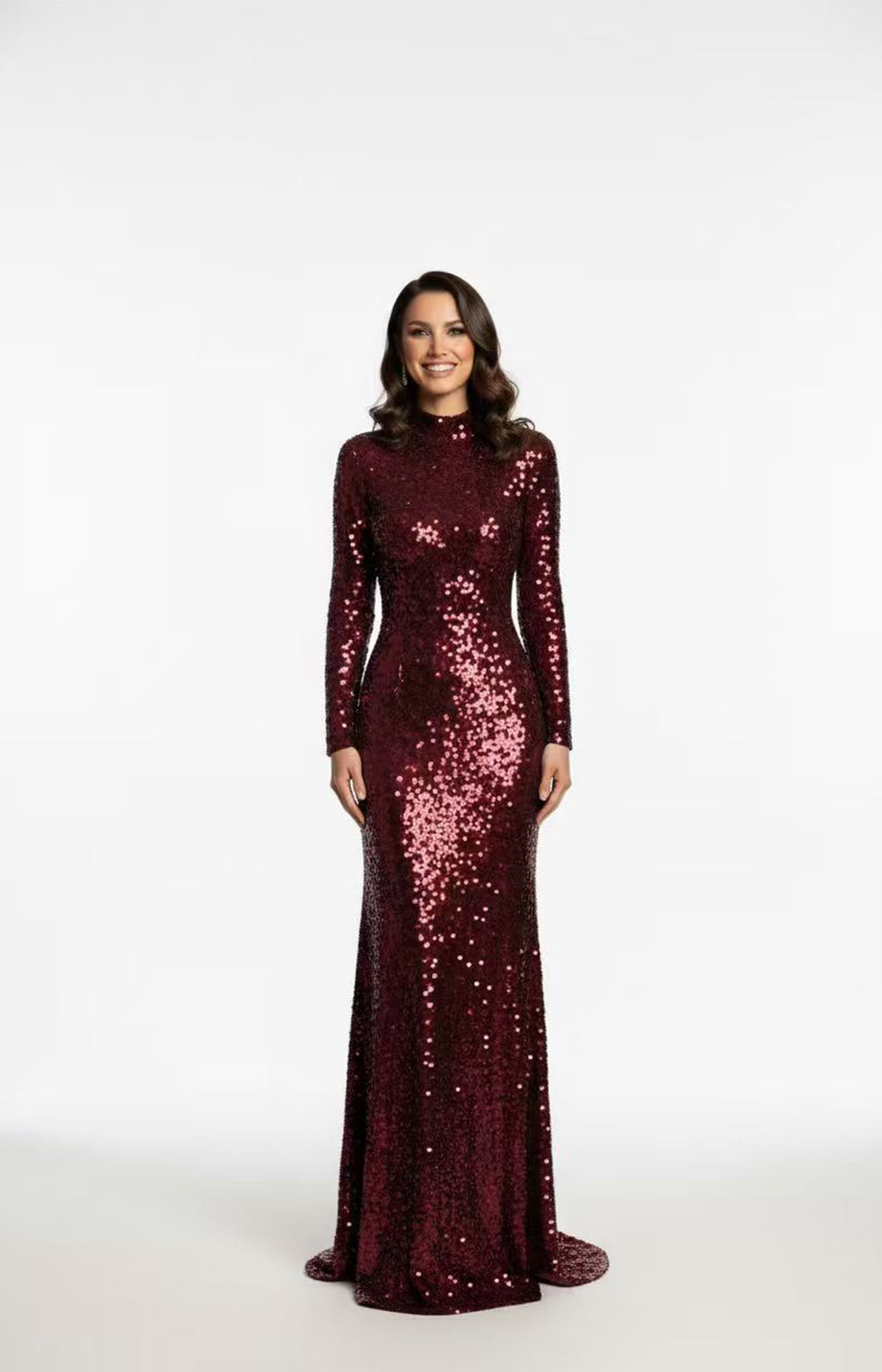 Burgundy sequin fabric high-neck long-sleeve mermaid formal gown front view