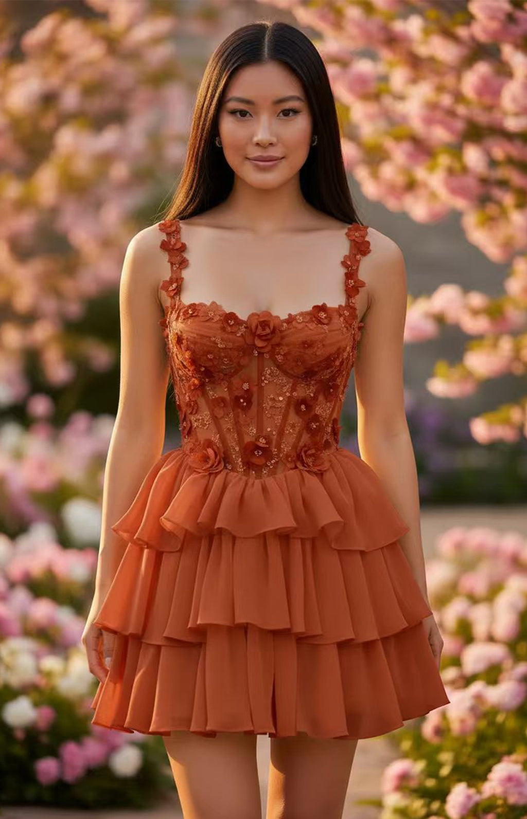 Terracotta Burnt Orange 3D floral applique corset tiered ruffle mini homecoming dress