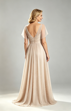 Champagne Chiffon Mother of the Bride Dress V Neck Flutter Sleeve Beaded Formal Wedding Guest Gown Back