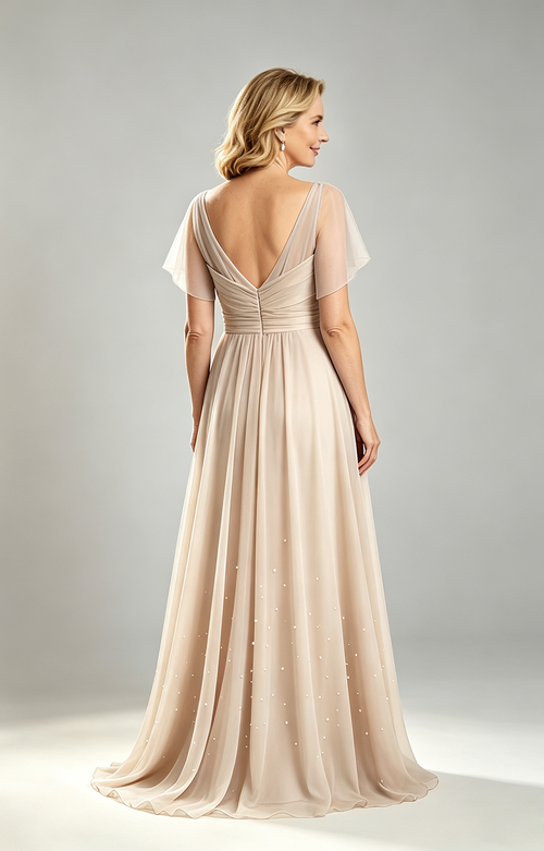 Champagne Chiffon Mother of the Bride Dress V Neck Flutter Sleeve Beaded Formal Wedding Guest Gown Back