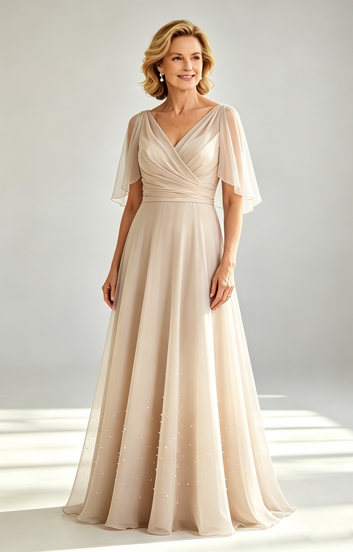 Champagne Chiffon Mother of the Bride Dress V Neck Flutter Sleeve Beaded Formal Wedding Guest Gown Front