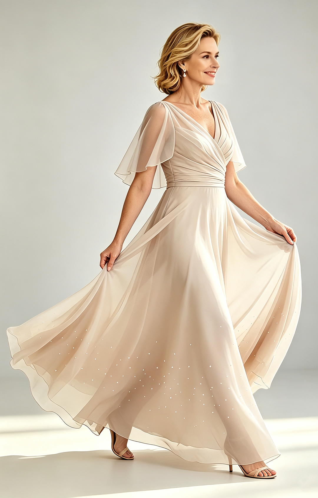 Champagne Chiffon Mother of the Bride Dress V Neck Flutter Sleeve Beaded Formal Wedding Guest Gown Side
