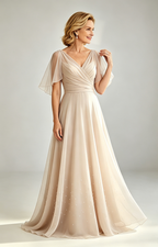 Champagne Chiffon Mother of the Bride Dress V Neck Flutter Sleeve Beaded Formal Wedding Guest Gown Show