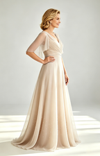 Champagne Chiffon Mother of the Bride Dress V Neck Flutter Sleeve Beaded Formal Wedding Guest Gown Round