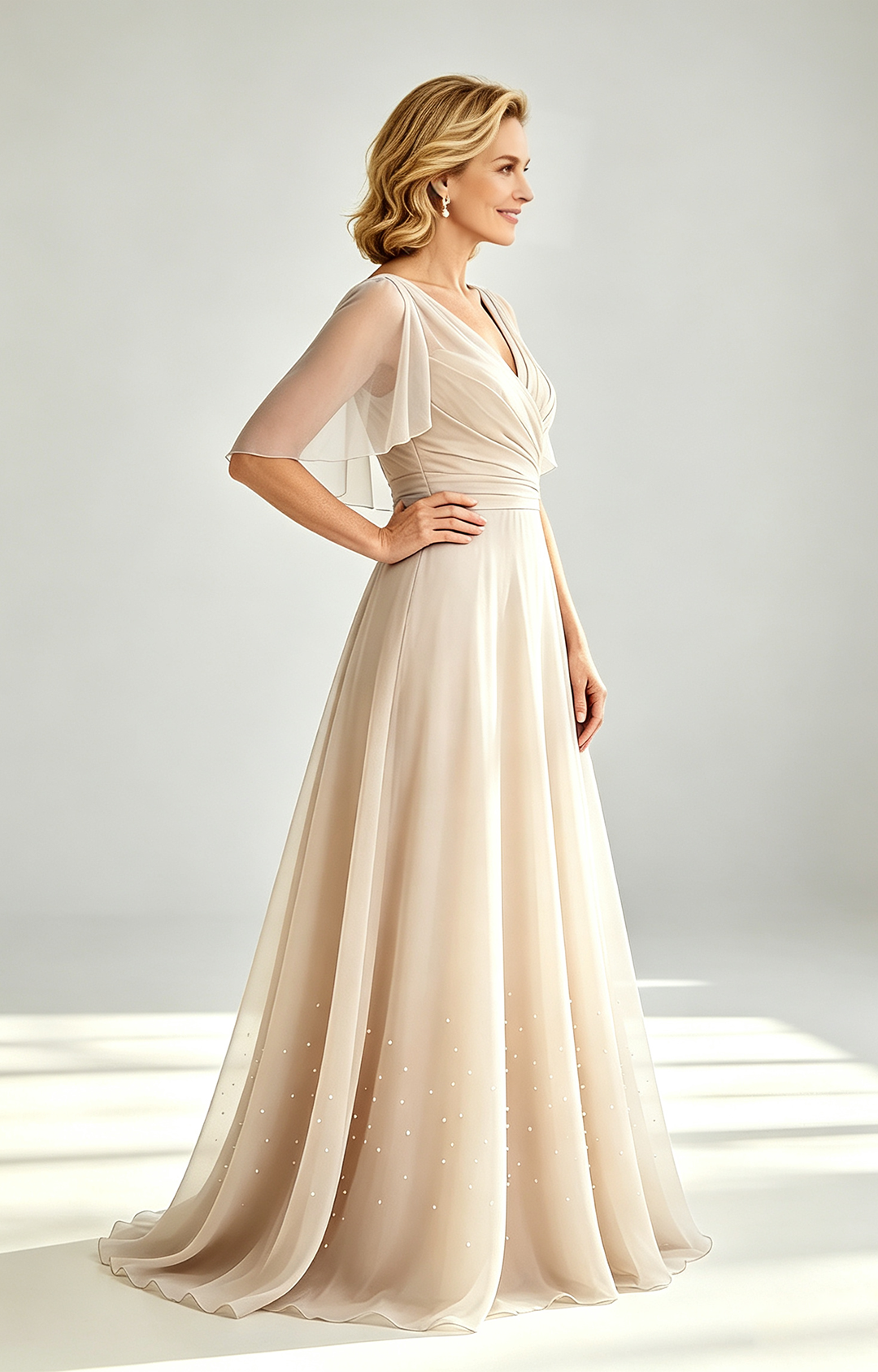Champagne Chiffon Mother of the Bride Dress V Neck Flutter Sleeve Beaded Formal Wedding Guest Gown Round