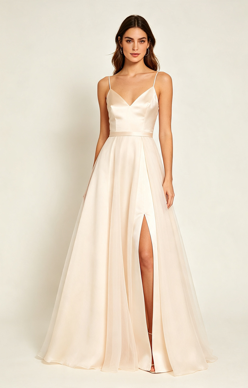 Champagne Spaghetti Strap V Neck Satin Bridesmaid Dress Front View