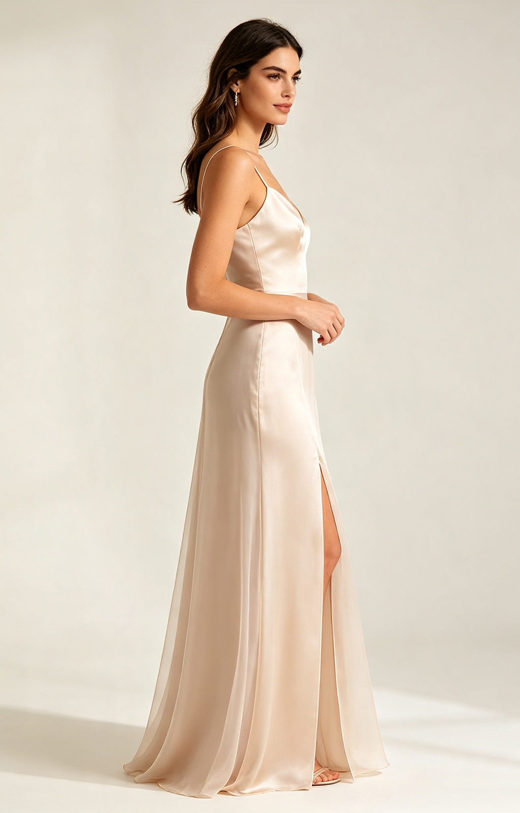 Champagne Spaghetti Strap V Neck Satin Bridesmaid Dress Side View