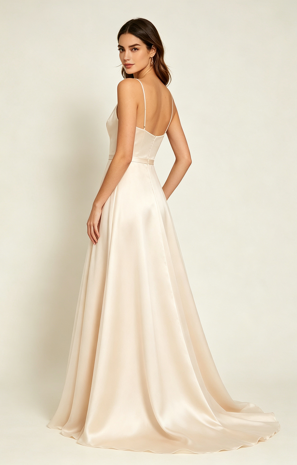 Champagne Spaghetti Strap V Neck Satin Bridesmaid Dress Back View