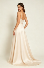 Champagne Spaghetti Strap V Neck Satin Bridesmaid Dress Back View