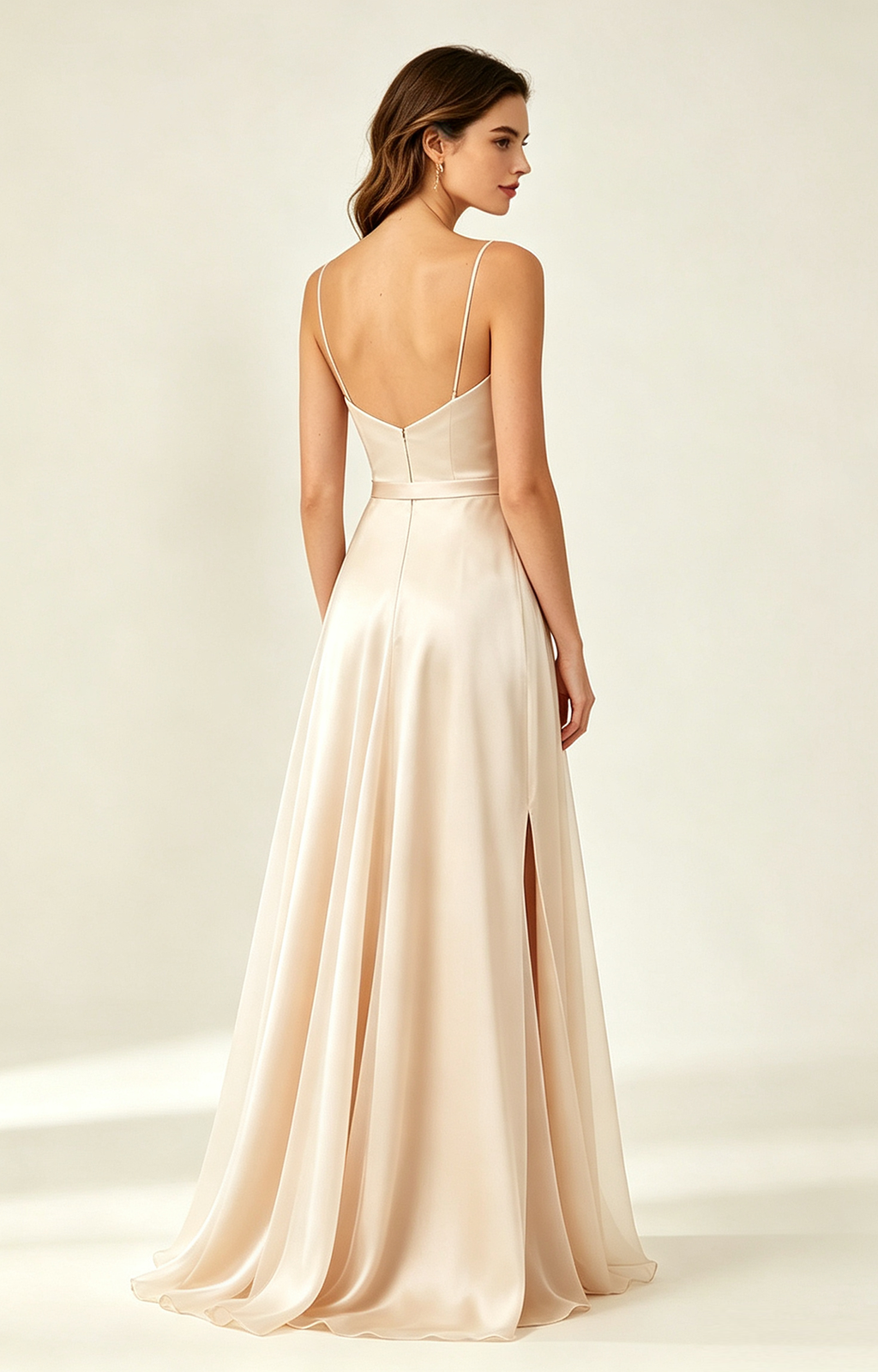 Champagne Spaghetti Strap V Neck Satin Bridesmaid Dress Side Back View