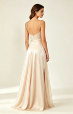 Champagne Spaghetti Strap V Neck Satin Bridesmaid Dress Side Back View