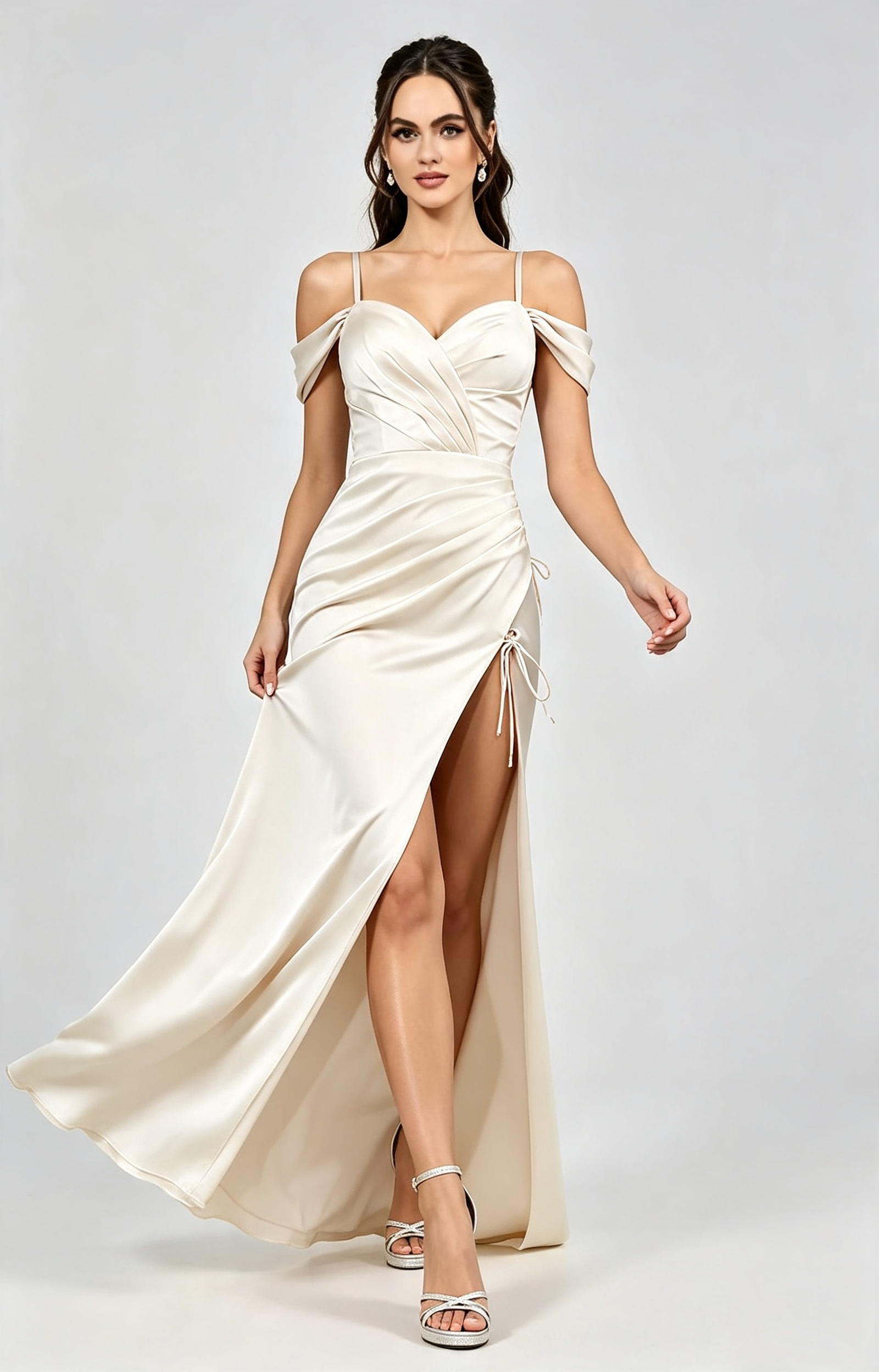 Elegant Mermaid Off-the-Shoulder Short-Sleeve Satin Floor-Length Corset-Back Formal Prom Dress