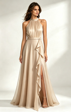 Champagne Neck Chiffon Long Formal Dress Front View