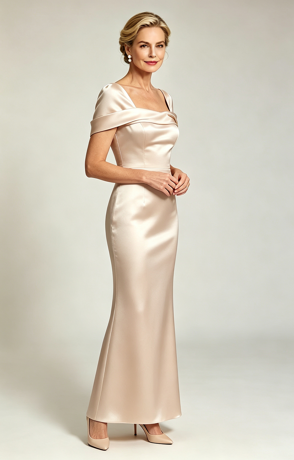 Champagne Convertible Off Shoulder Satin Mermaid Evening Gown Formal Mother of Bride Dress Back Side Front View