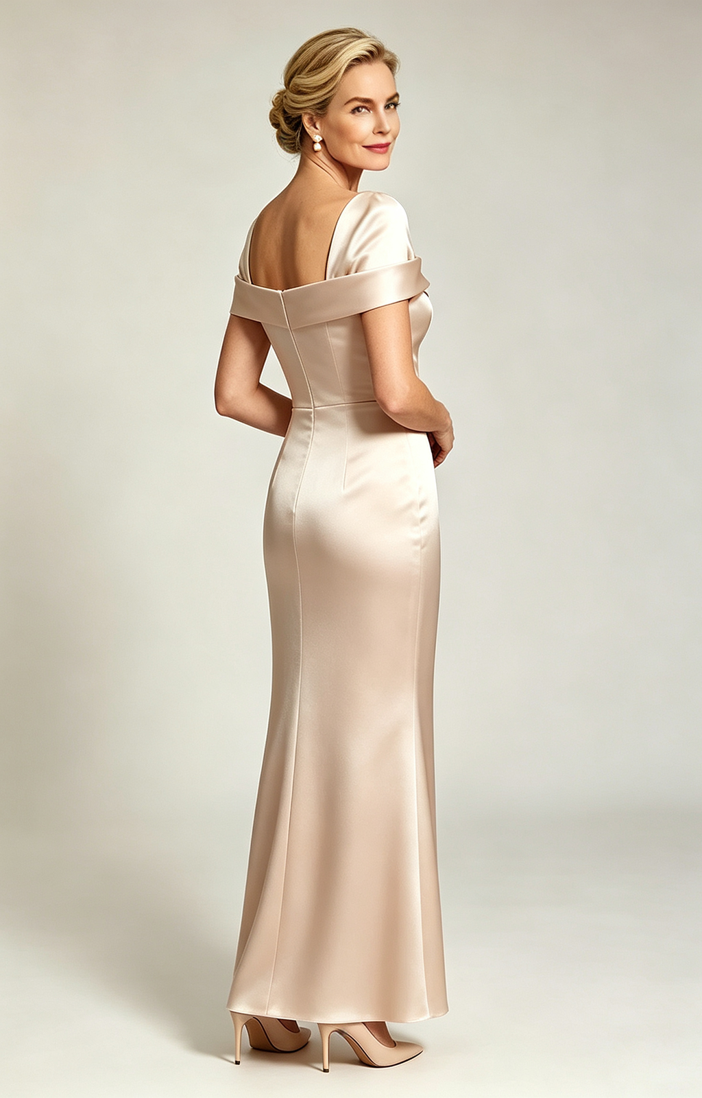 Champagne Convertible Off Shoulder Satin Mermaid Evening Gown Formal Mother of Bride Dress Back Side View