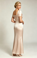 Champagne Convertible Off Shoulder Satin Mermaid Evening Gown Formal Mother of Bride Dress Back Side View