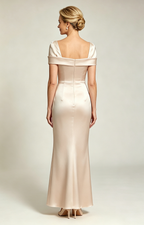 Champagne Convertible Off Shoulder Satin Mermaid Evening Gown Formal Mother of Bride Dress Back View