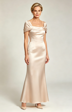 Champagne Convertible Off Shoulder Satin Mermaid Evening Gown Formal Mother of Bride Dress Font View