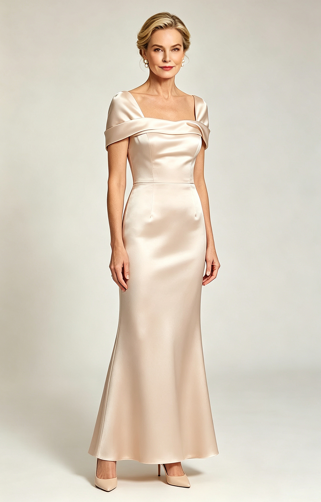 Champagne Convertible Off Shoulder Satin Mermaid Evening Gown Formal Mother of Bride Dress Font View