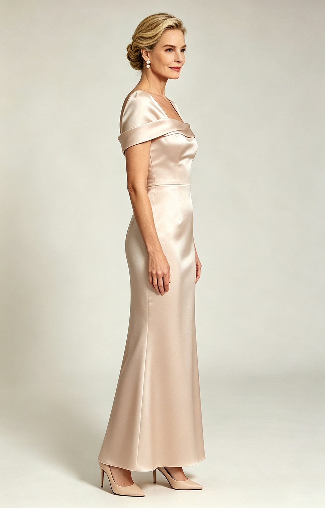 Champagne Convertible Off Shoulder Satin Mermaid Evening Gown Formal Mother of Bride Dress Side View