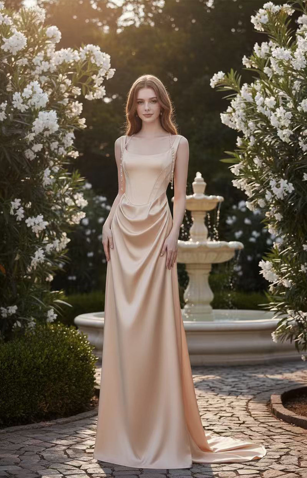 Champagne gold draped satin long formal dress for prom US