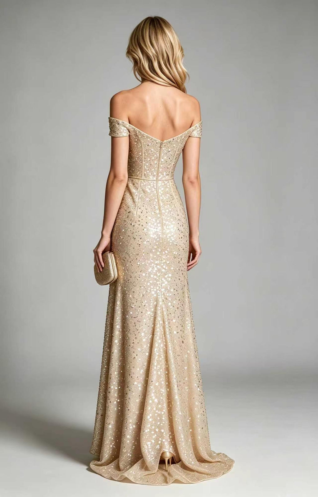 Champagne Off The Shoulder Sequin Tulle A-Line Long Prom Gown