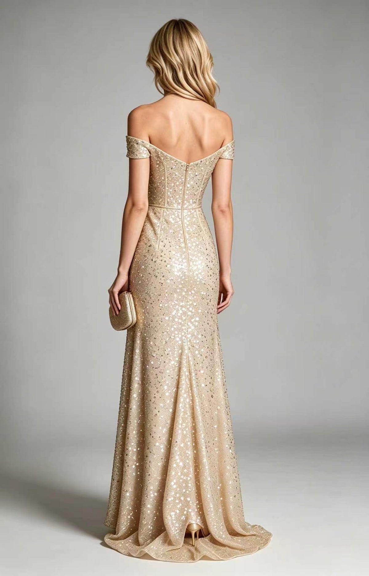 Champagne Off The Shoulder Sequin Tulle A-Line Long Prom Gown