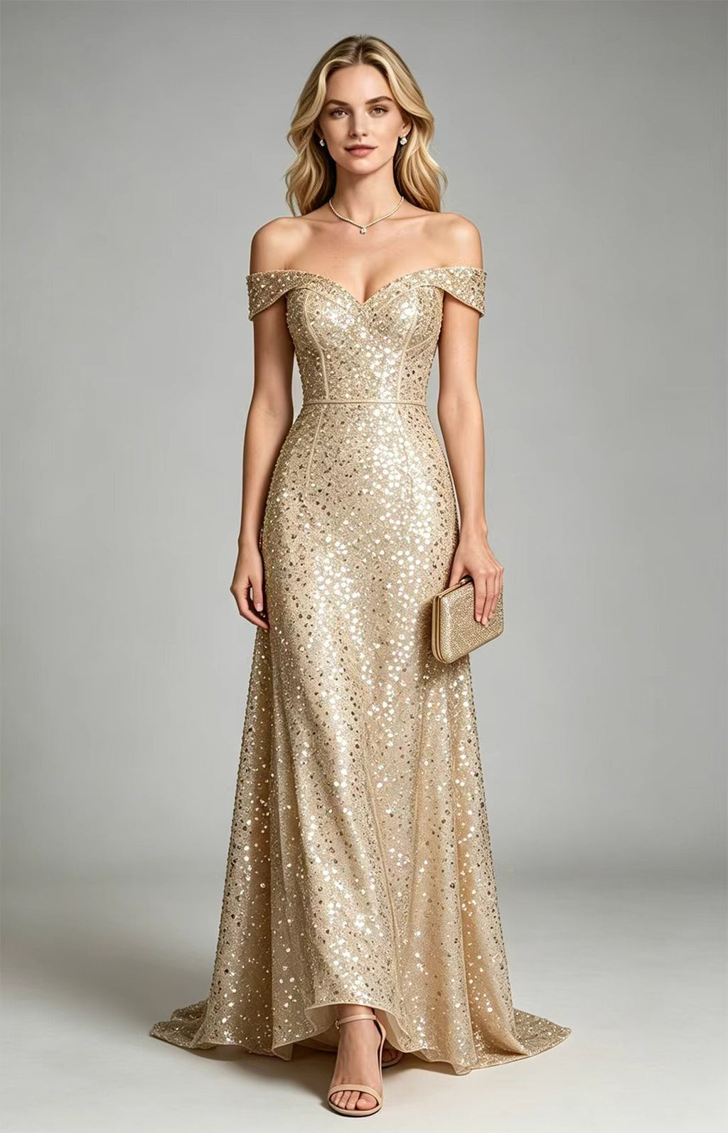 Champagne Off The Shoulder Sequin Tulle A-Line Long Prom Gown Front View