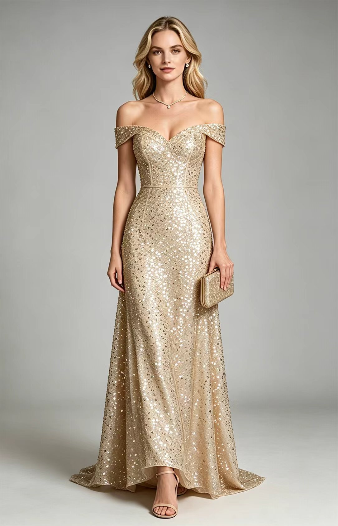 Champagne Off The Shoulder Sequin Tulle A-Line Long Prom Gown Front View