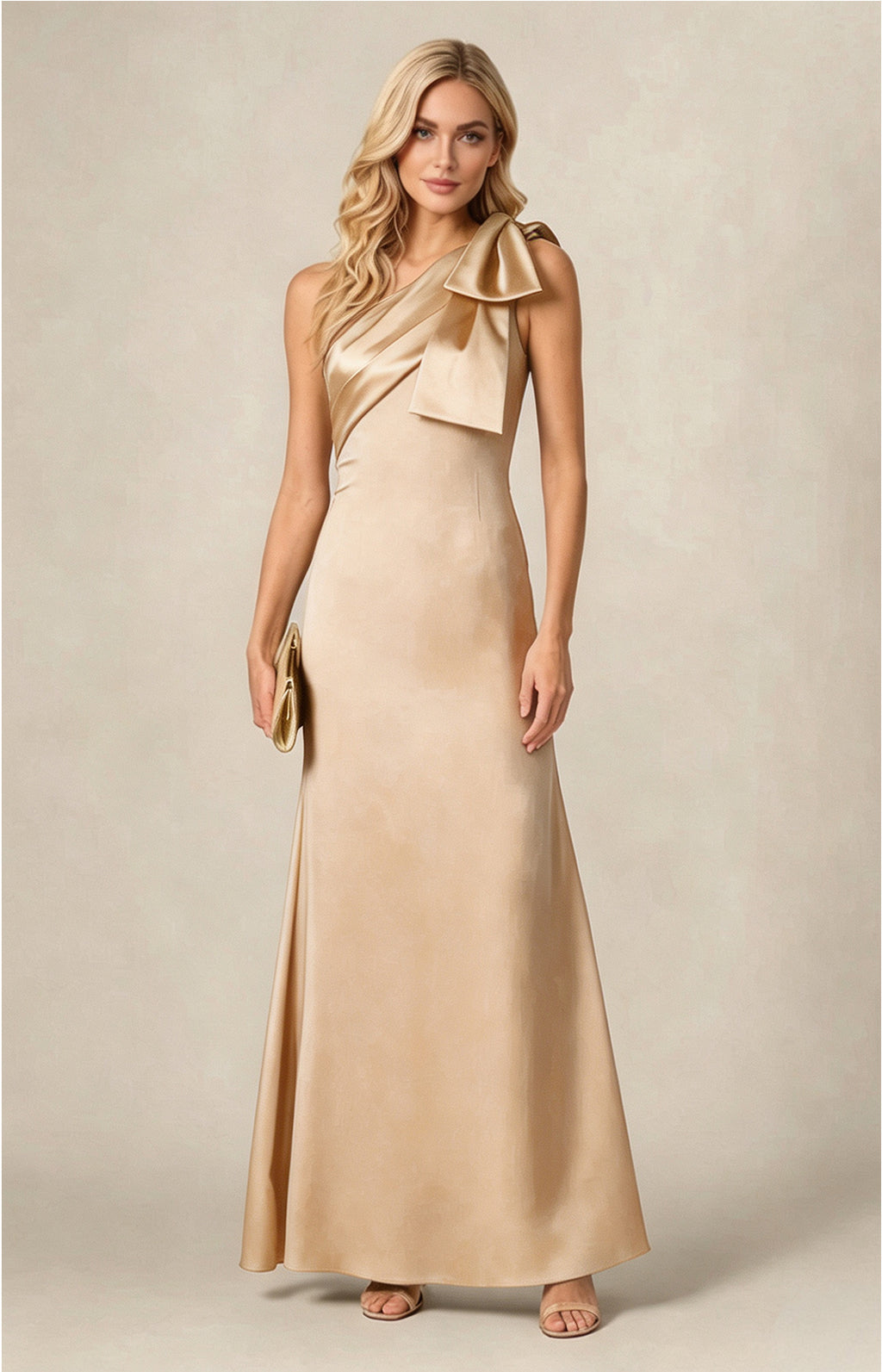 Champagne One‑Shoulder Bow Satin Mermaid Long Gown Front View