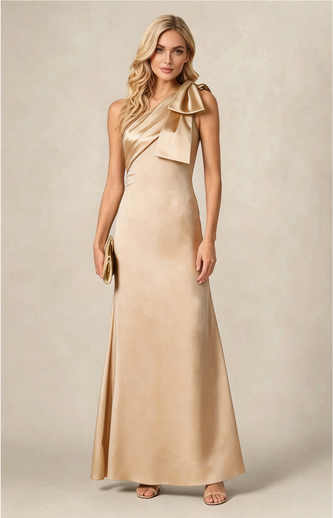 Champagne One‑Shoulder Bow Satin Mermaid Long Gown Front View