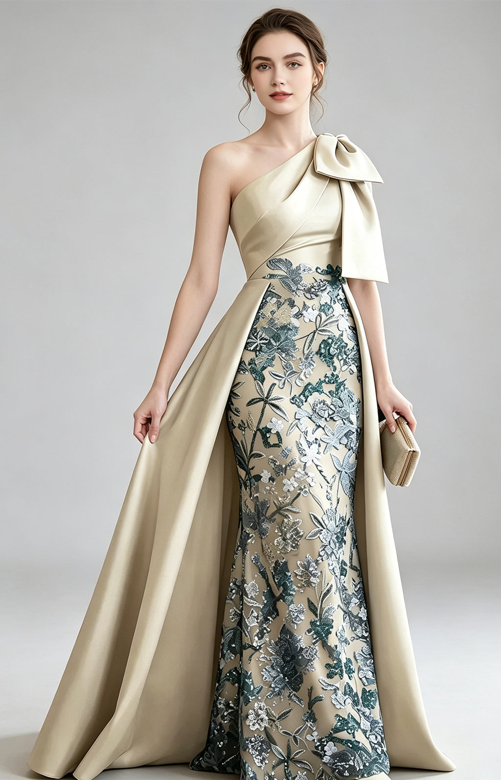 Champagne Premium Satin One Shoulder Mermaid Evening Gown with detachable satin overlay skirt