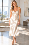 Champagne Satin Cowl Neck Mermaid Midi Dress – Front View