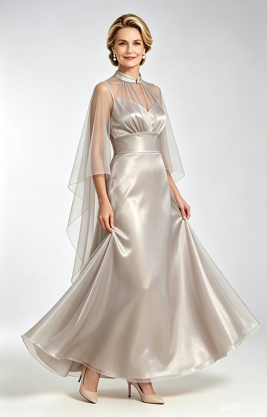 Champagne Satin Mother of the Bride Dress with Sheer Tulle Cape Long Formal Evening Gown Front View
