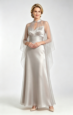 Champagne Satin Mother of the Bride Dress with Sheer Tulle Cape Long Formal Evening Gown  View
