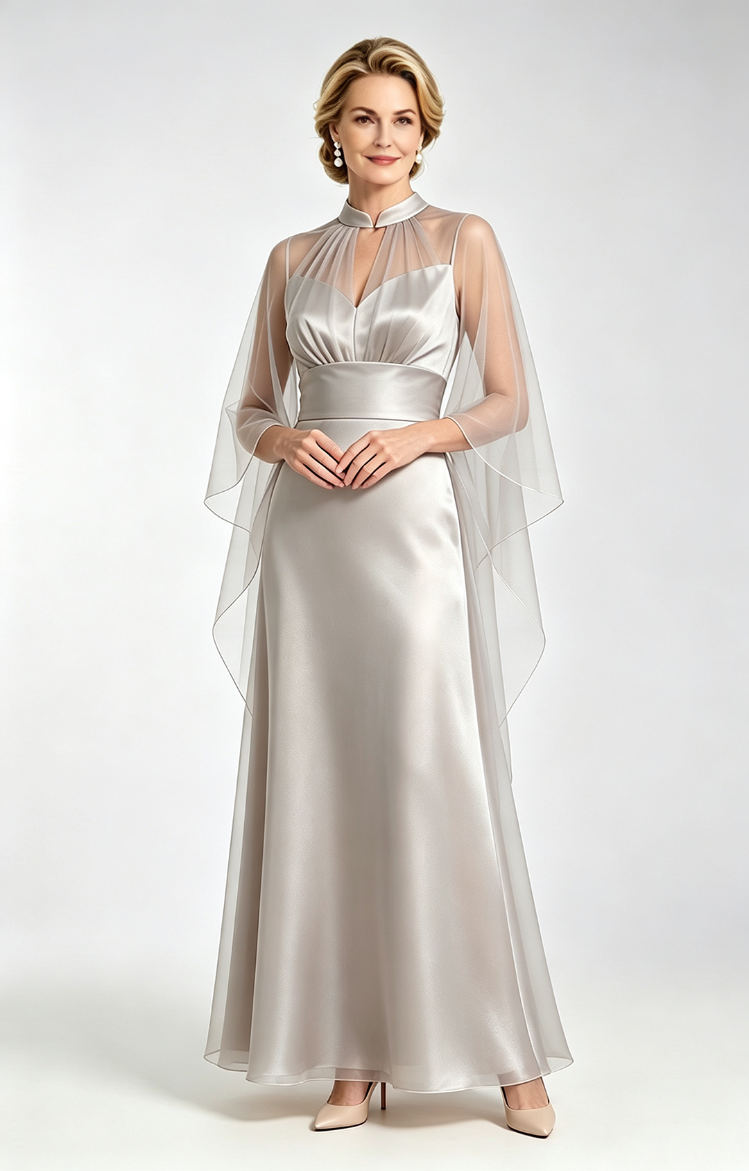 Champagne Satin Mother of the Bride Dress with Sheer Tulle Cape Long Formal Evening Gown  View