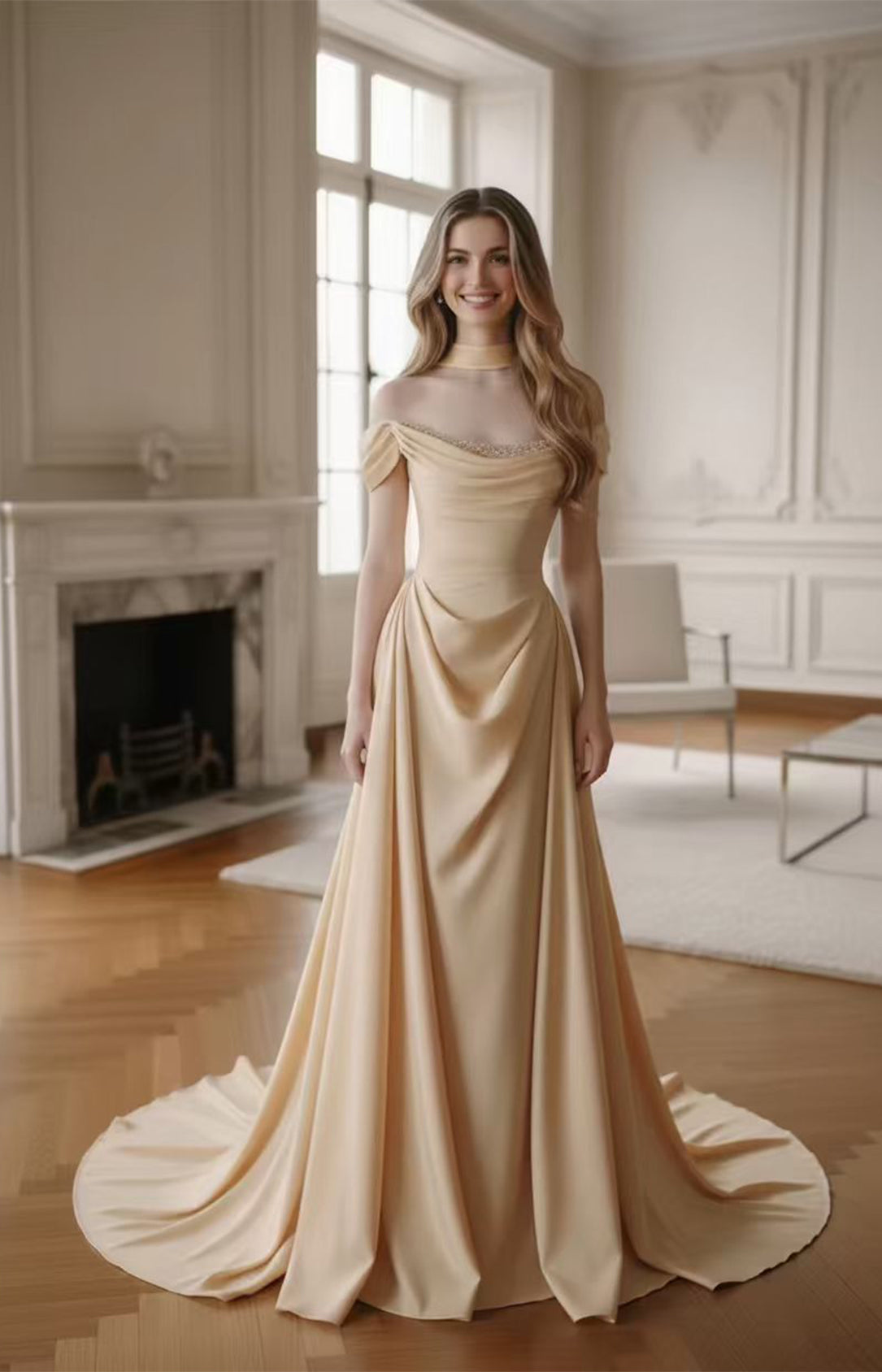 Champagne Satin Off-The-Shoulder A-Line Wedding Dress with Corset Back and Chapel Train