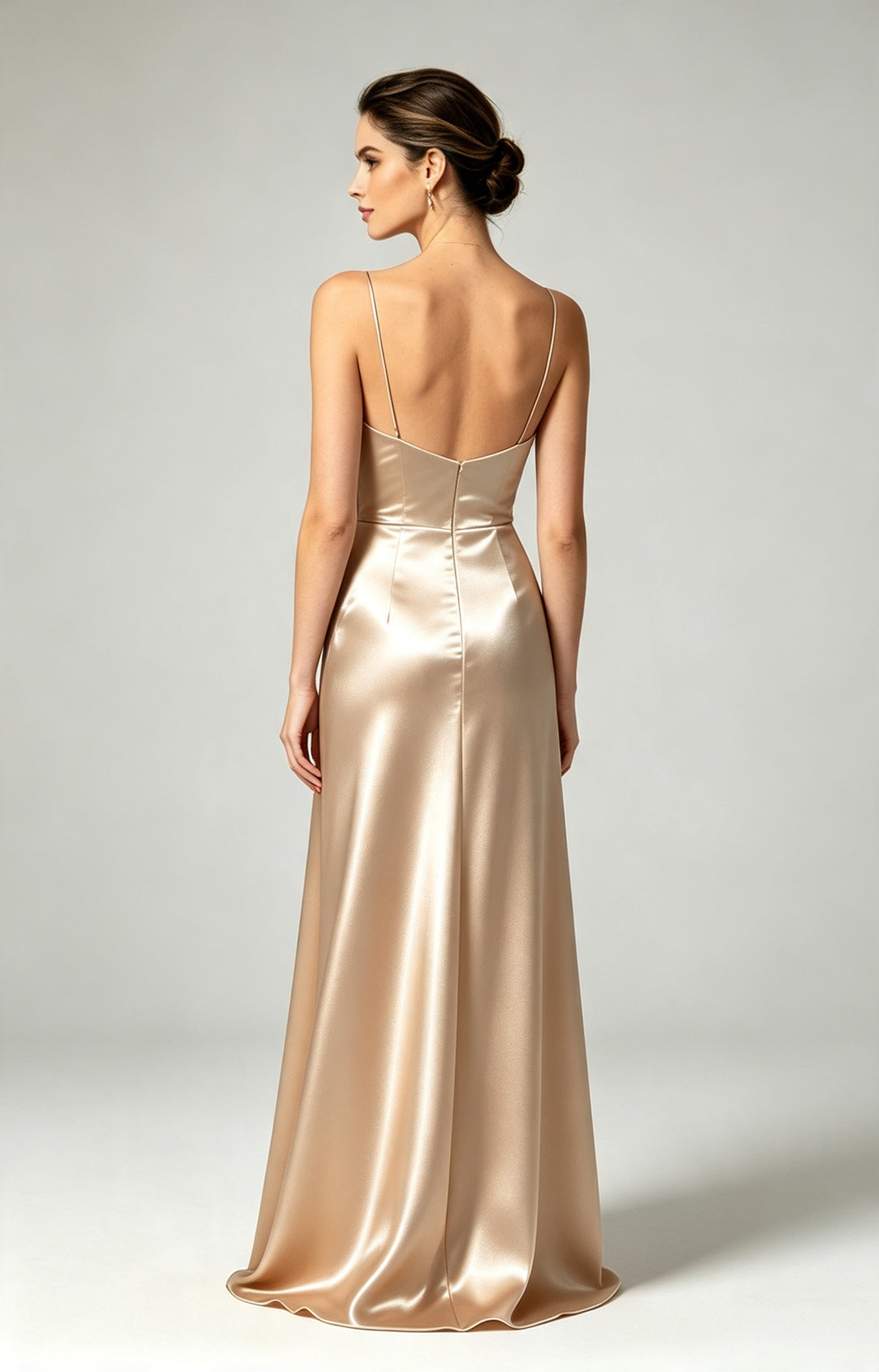 Champagne Spaghetti Strap Sweetheart Mermaid Luminous Satin Evening Dress Back View 