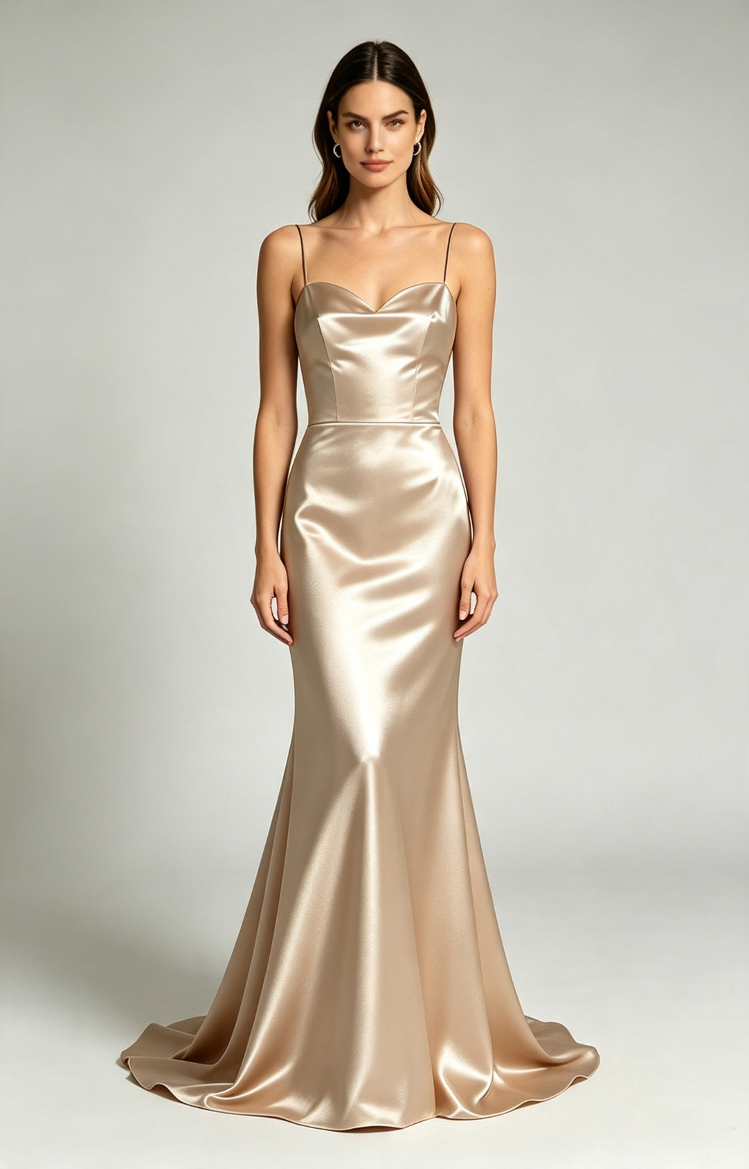 Champagne Spaghetti Strap Sweetheart Mermaid Luminous Satin Evening Dress Front View 