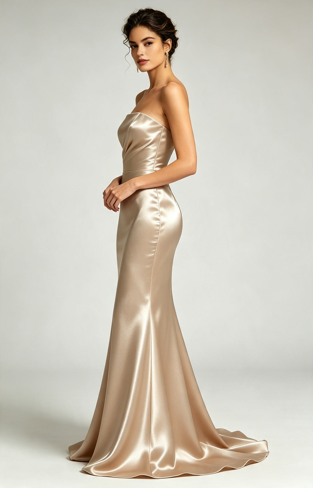 Champagne Spaghetti Strap Sweetheart Mermaid Luminous Satin Evening Dress Side View 