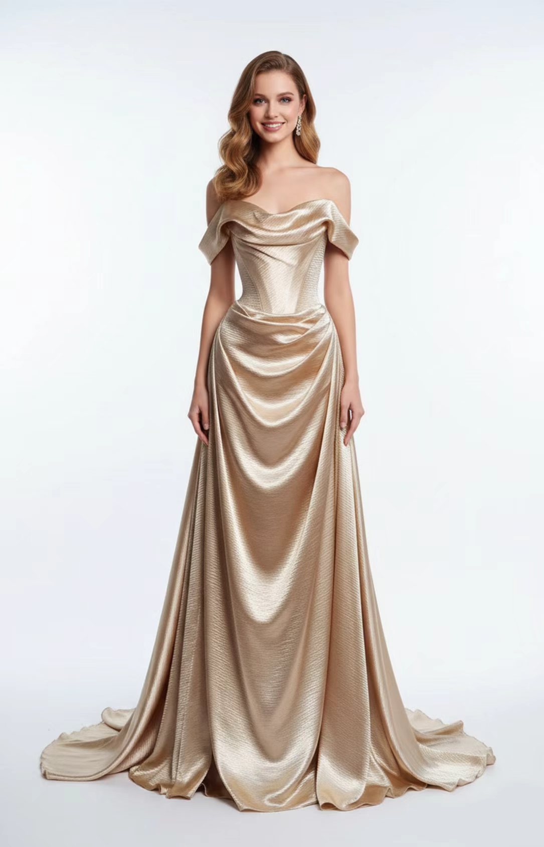 Champagne Textured Satin Off Shoulder Corset Evening Gown