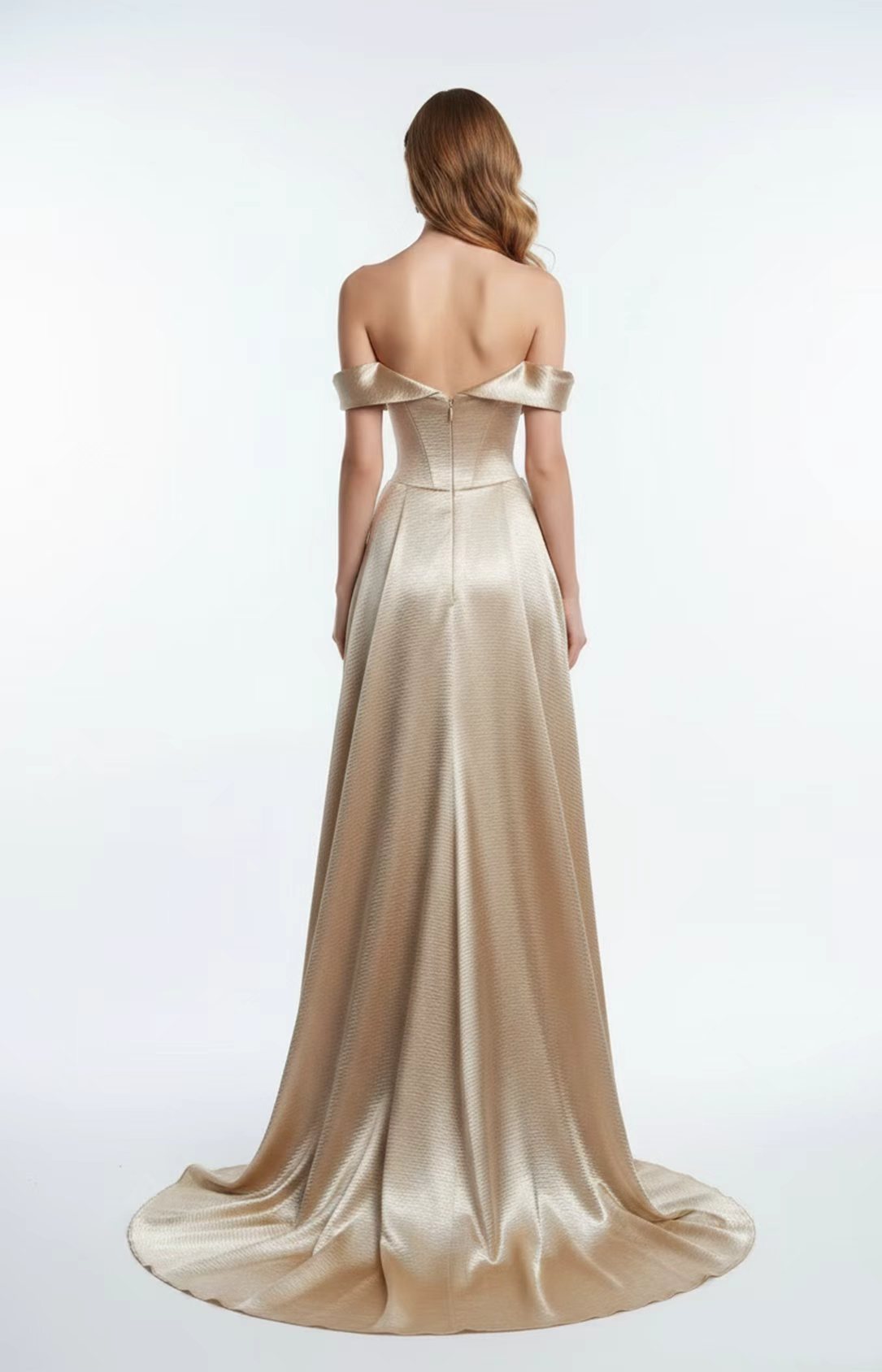 Champagne Textured Satin Off Shoulder Low Back Formal Dress