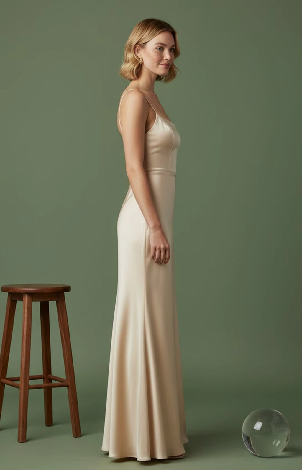 Champagne satin fitted mermaid evening dress with spaghetti straps, side view