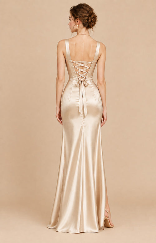 Champagne satin lace-up corset back mermaid evening dress, back view