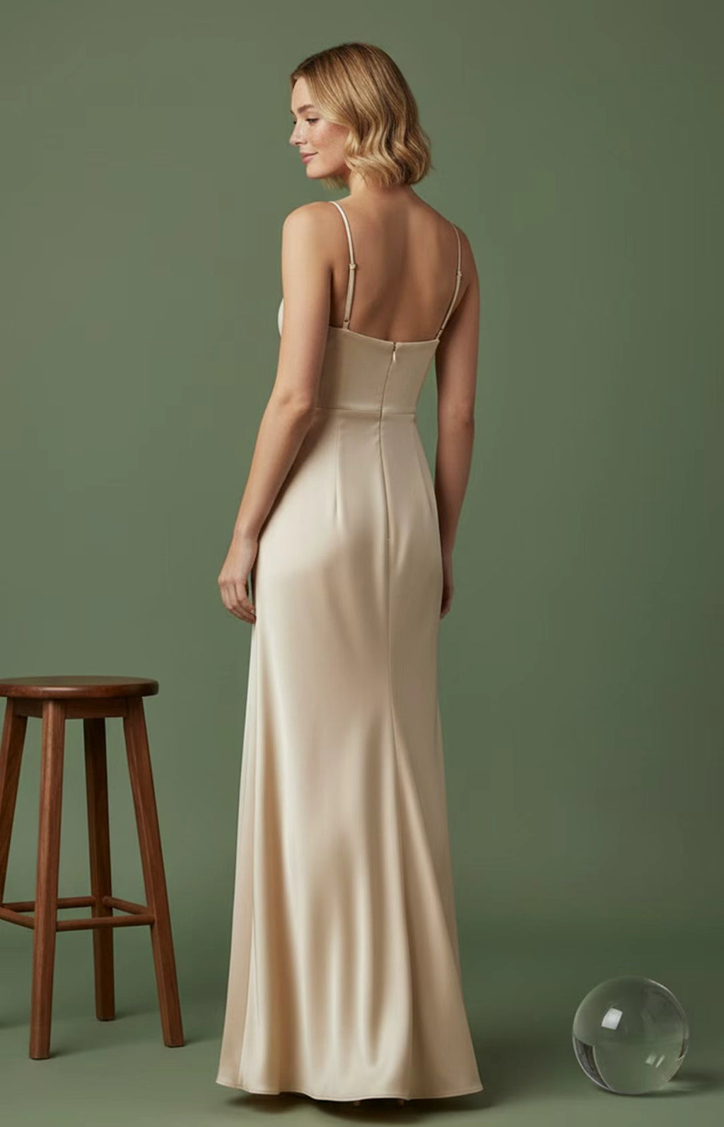 Champagne satin mermaid evening dress with spaghetti straps and center-back zipper, back view

