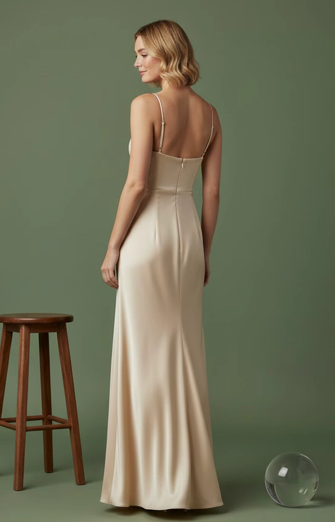 Champagne satin mermaid evening dress with spaghetti straps and center-back zipper, back view

