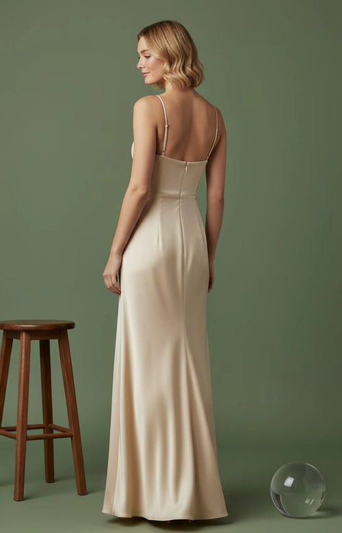 Champagne satin mermaid evening dress with spaghetti straps and center-back zipper, back view

